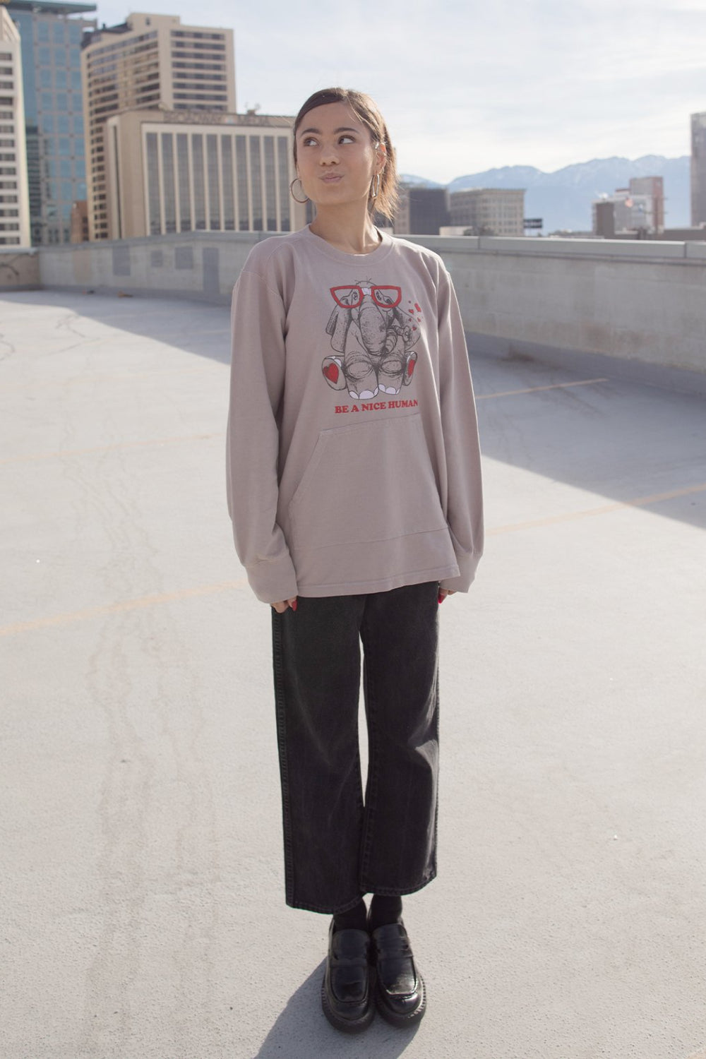 Mistic gray pullover featuring 'Be A Nice Human' graphic, front pockets, and cuffed sleeves.