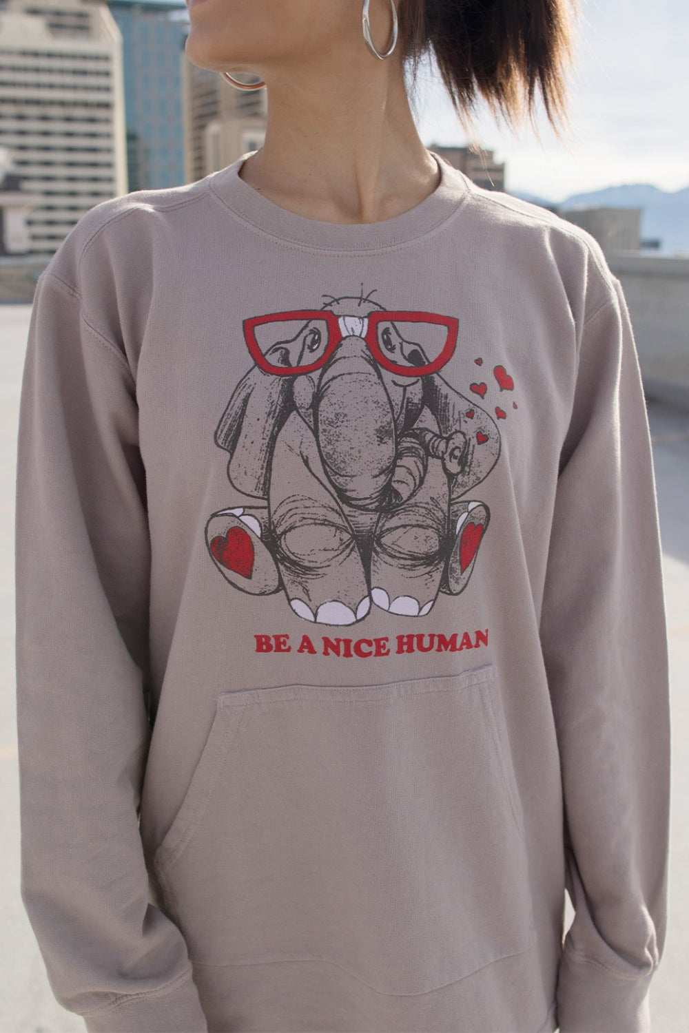 Mistic gray pullover featuring 'Be A Nice Human' graphic, front pockets, and cuffed sleeves.