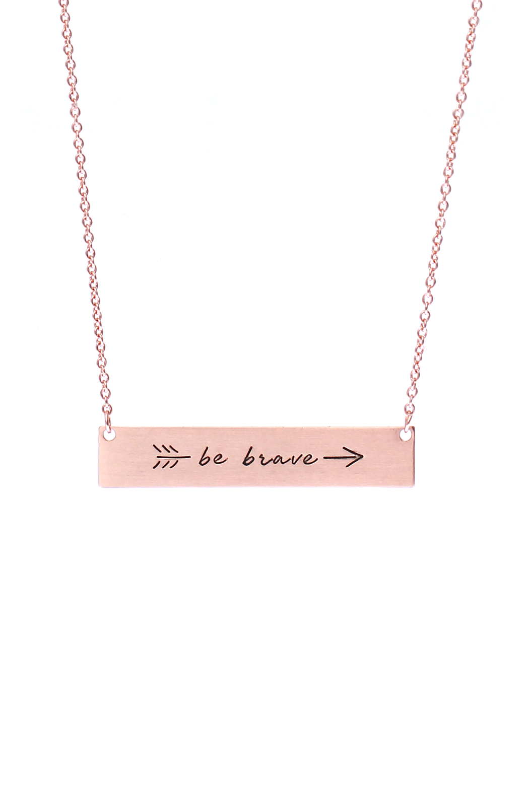 A trendy 'Be Brave' Bar Necklace featuring a rectangular pendant with the phrase 'Be Brave' in gold, rose gold, and silver options.