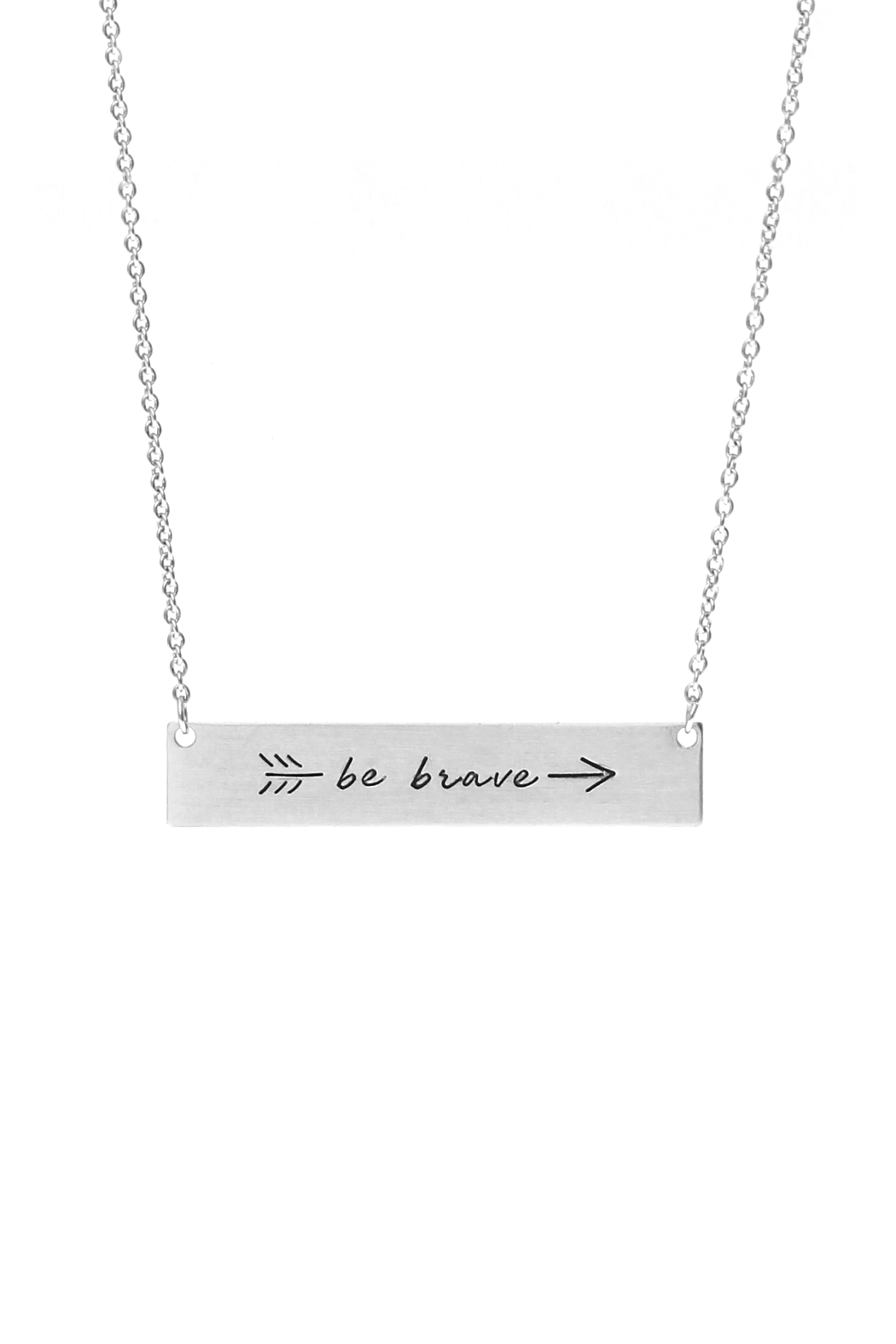 A trendy 'Be Brave' Bar Necklace featuring a rectangular pendant with the phrase 'Be Brave' in gold, rose gold, and silver options.