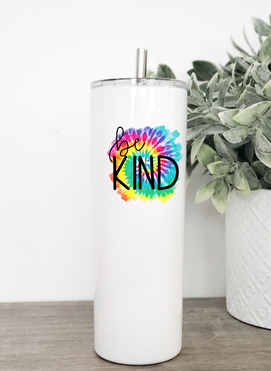 Be Kind Tumbler in 20 or 30 oz sizes with clear slider lid and stainless steel straw, showcasing its stylish design and durable stainless steel material.