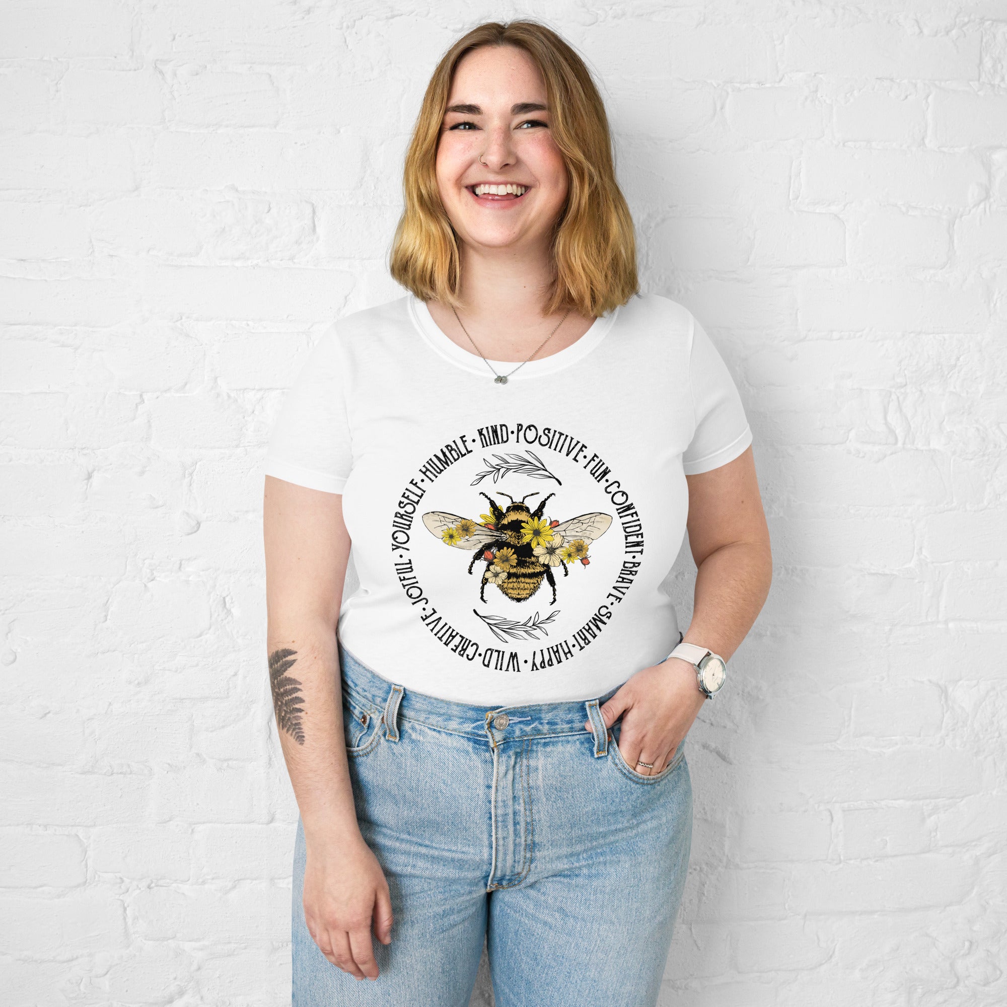 Bee Kind Women’s Fitted Tee in soft fabric, showcasing a flattering feminine silhouette.