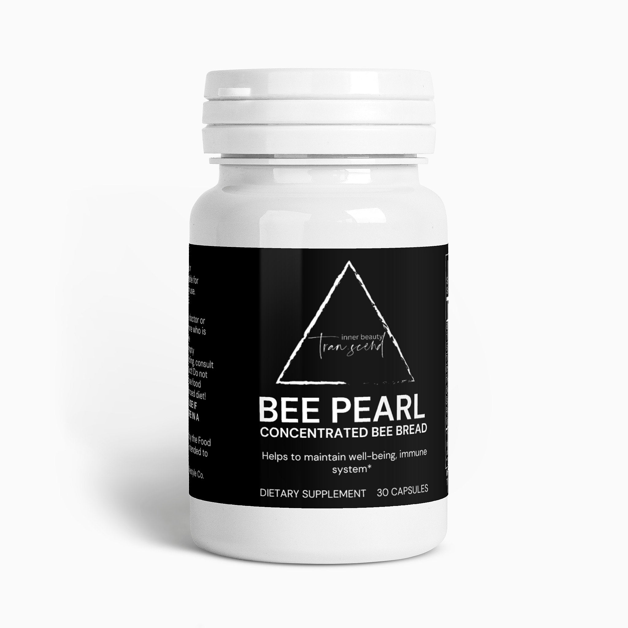 Bee Pearl concentrated bee bread capsules in a bottle, showcasing their natural and vegetarian-friendly formulation.