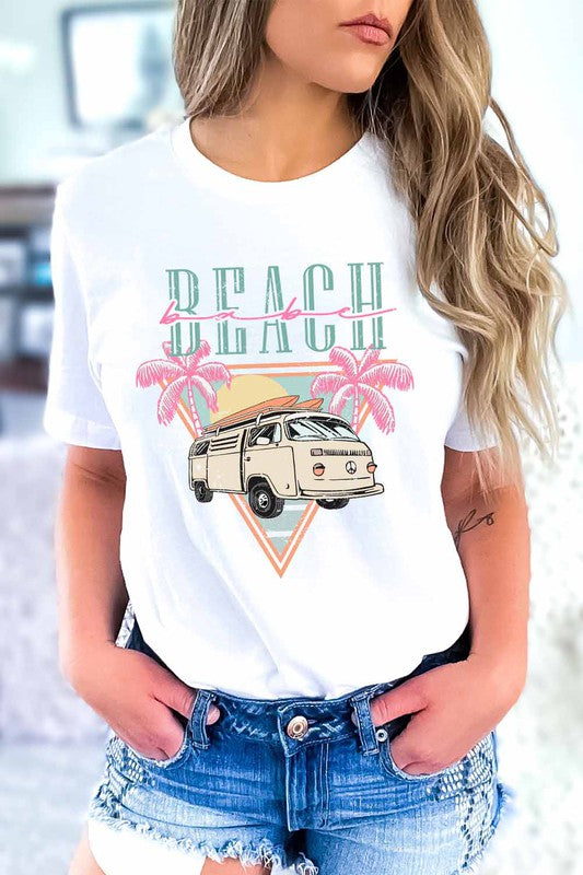 A stylish Beach Babe Graphic Tee featuring vibrant colors and a trendy design, perfect for summer outings.