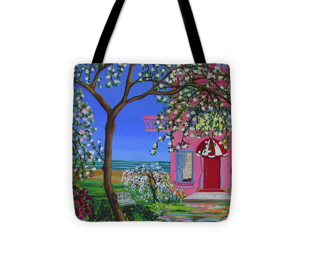 Beach House Cottage Tote Bag with black strap, showcasing vibrant design on both sides.