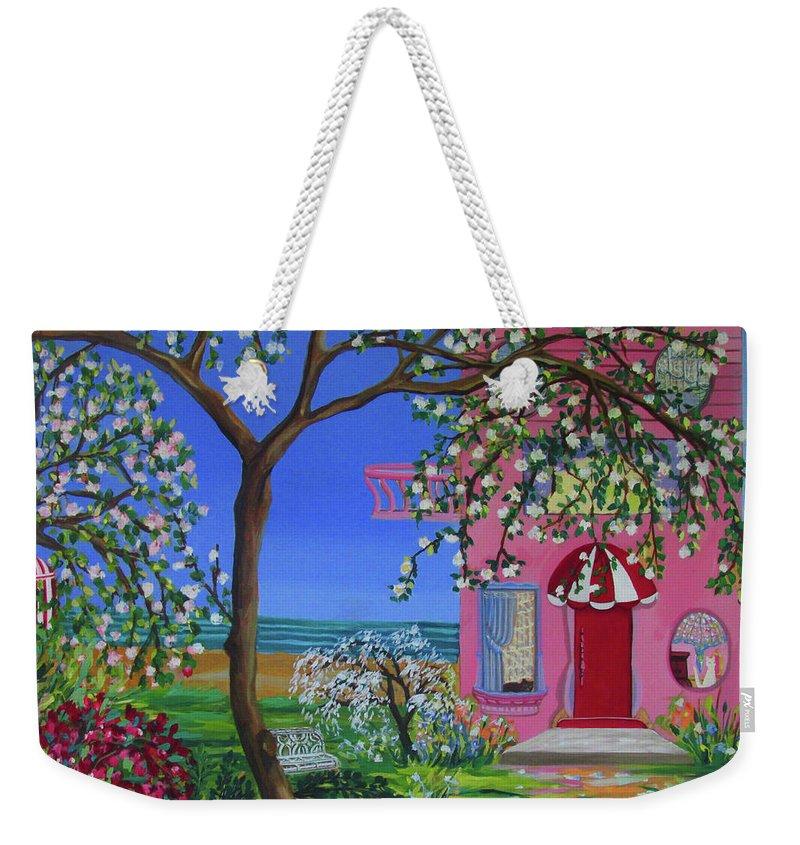 Beach House Cottage Weekender Tote Bag in soft spun poly-poplin fabric with thick cotton handles, perfect for summer outings.