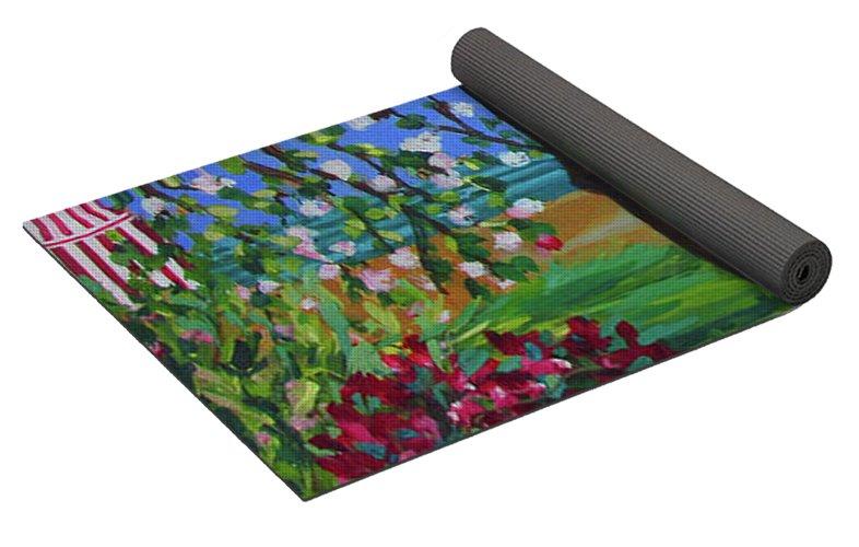 Beach House Cottage Yoga Mat featuring a serene design, eco-friendly material, and textured back for grip.