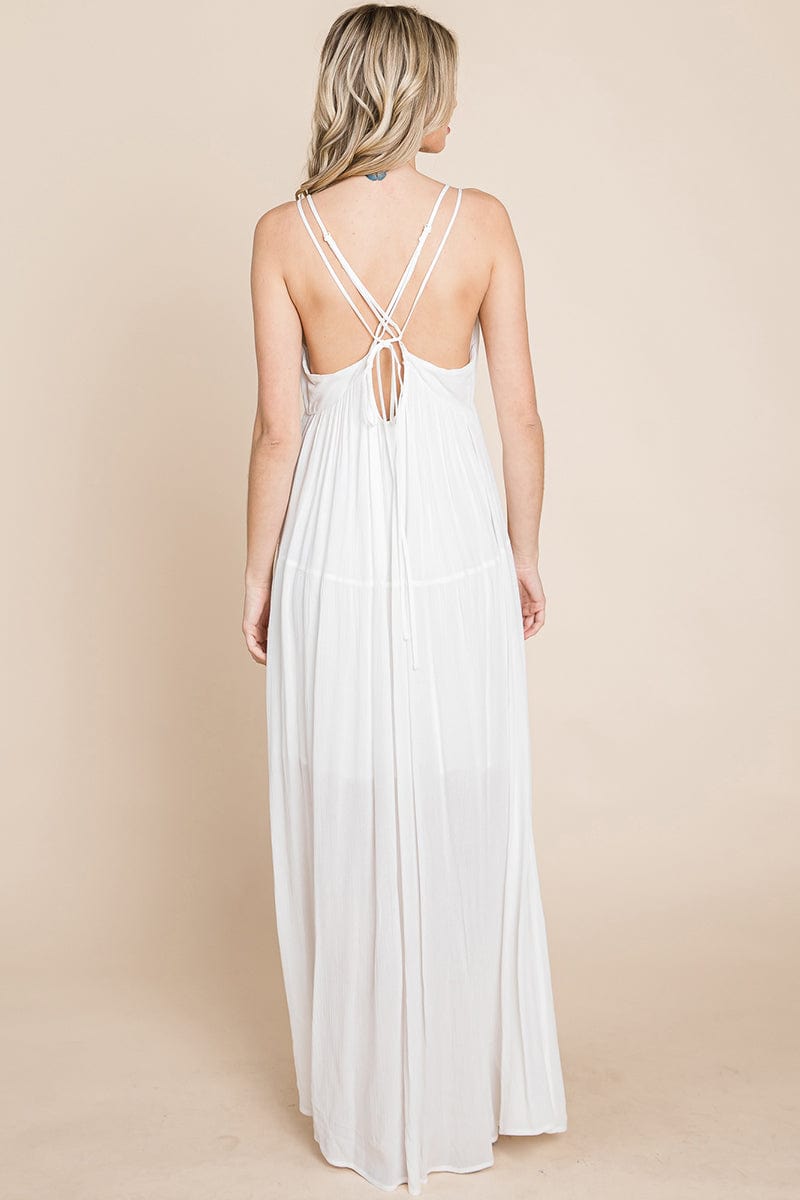 A beautiful Beach Maxi Bridesmaid Dress featuring a criss cross back, high waist, and A-line silhouette, perfect for summer weddings.