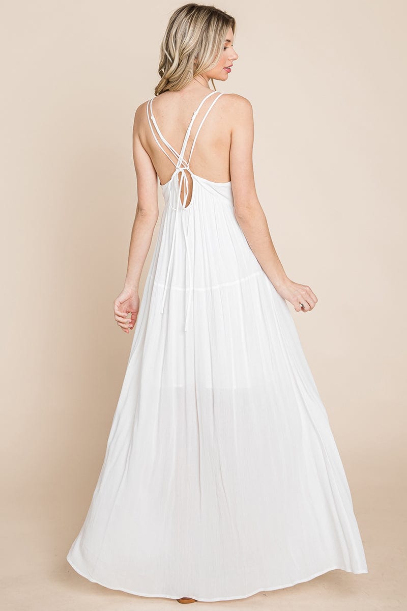 A beautiful Beach Maxi Bridesmaid Dress featuring a criss cross back, high waist, and A-line silhouette, perfect for summer weddings.