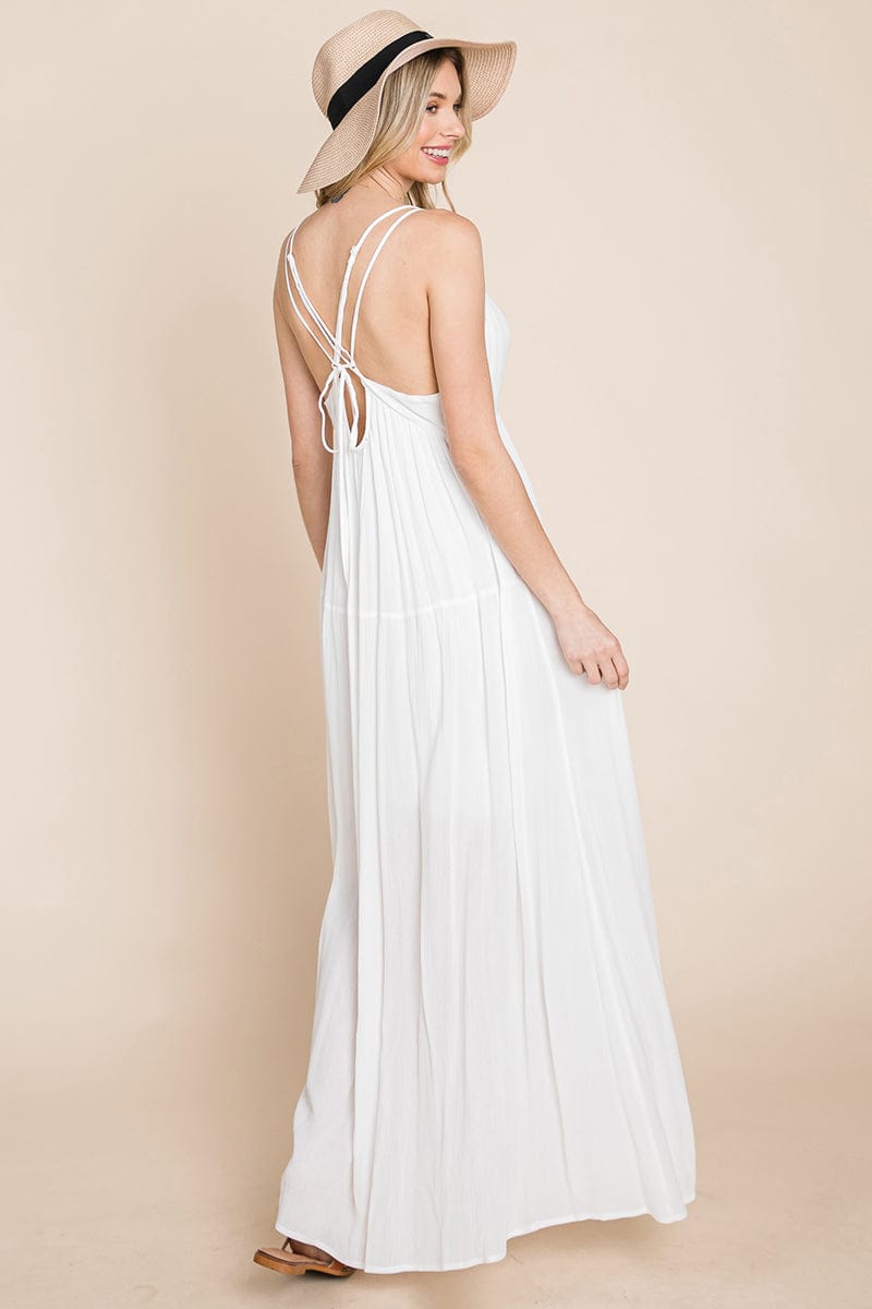 A beautiful Beach Maxi Bridesmaid Dress featuring a criss cross back, high waist, and A-line silhouette, perfect for summer weddings.