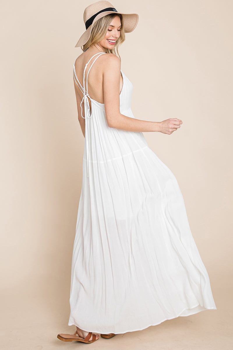 A beautiful Beach Maxi Bridesmaid Dress featuring a criss cross back, high waist, and A-line silhouette, perfect for summer weddings.