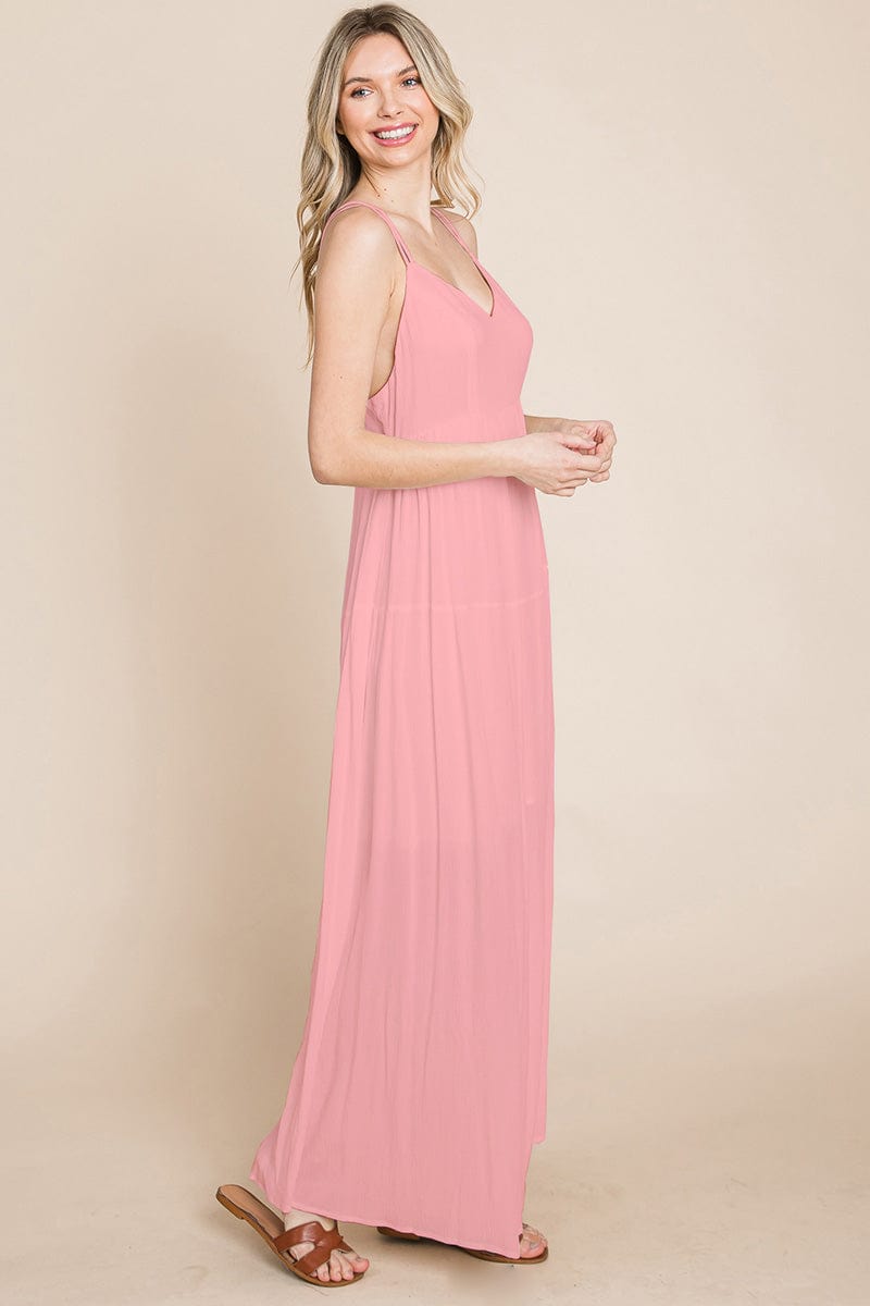 A beautiful Beach Maxi Bridesmaid Dress featuring a criss cross back, high waist, and A-line silhouette, perfect for summer weddings.