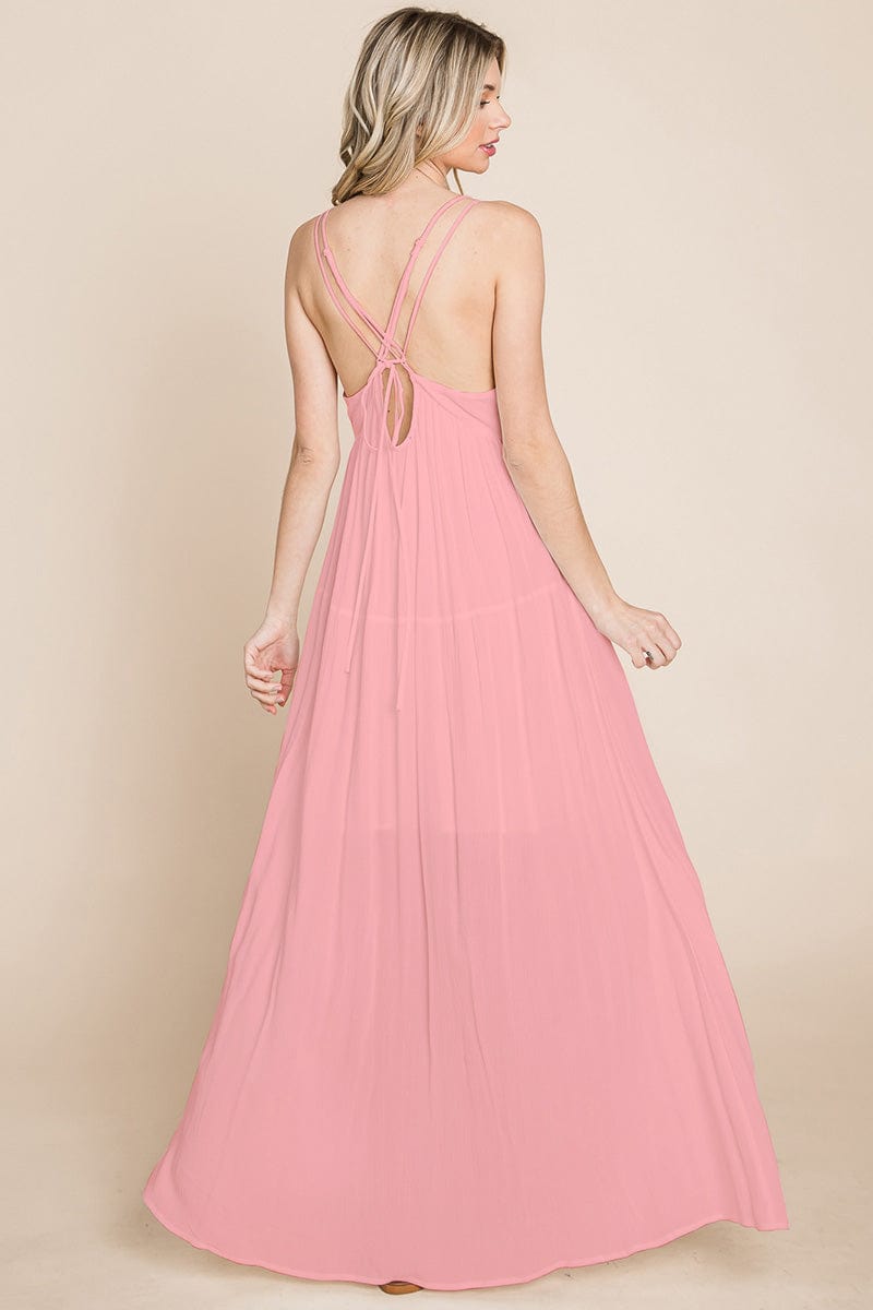 A beautiful Beach Maxi Bridesmaid Dress featuring a criss cross back, high waist, and A-line silhouette, perfect for summer weddings.