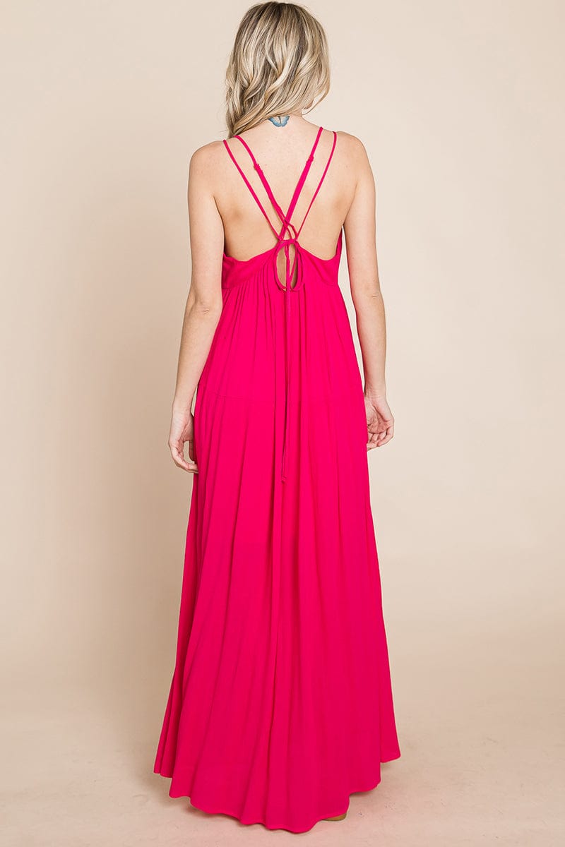 A beautiful Beach Maxi Bridesmaid Dress featuring a criss cross back, high waist, and A-line silhouette, perfect for summer weddings.