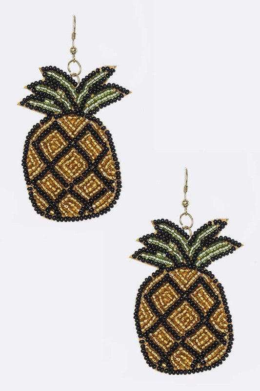 A pair of stylish beaded pineapple earrings with a 3.25-inch drop, showcasing intricate beadwork and a vibrant design.