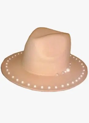 Beige brim wool ranger hat adorned with elegant pearls, showcasing a stylish and sophisticated design.