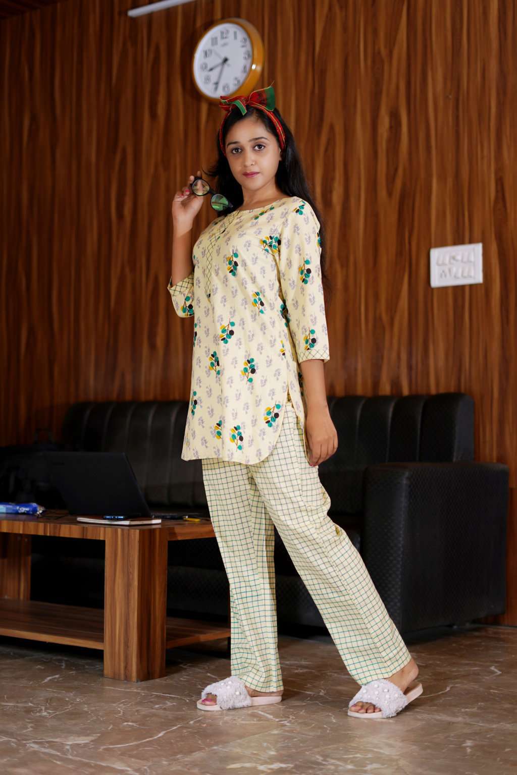 Beige Printed Cotton Night Suit set featuring a comfortable top and pants, perfect for lounging and sleep.