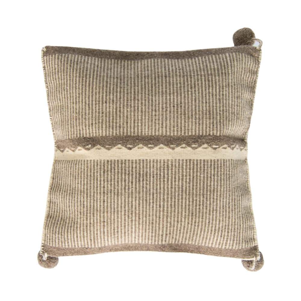 Beige wool pillow cover featuring mountain design, handmade with traditional waist loom technique.