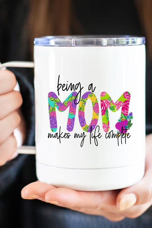 A stylish 12 oz double wall insulated stainless steel travel mug with a heartfelt design, perfect for moms.