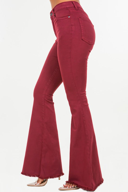 Full length Bell Bottom Jean in Wine with 5 pockets and zipper closure, showcasing a stylish retro design.