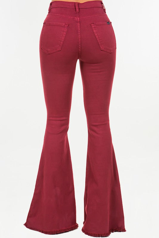 Full length Bell Bottom Jean in Wine with 5 pockets and zipper closure, showcasing a stylish retro design.