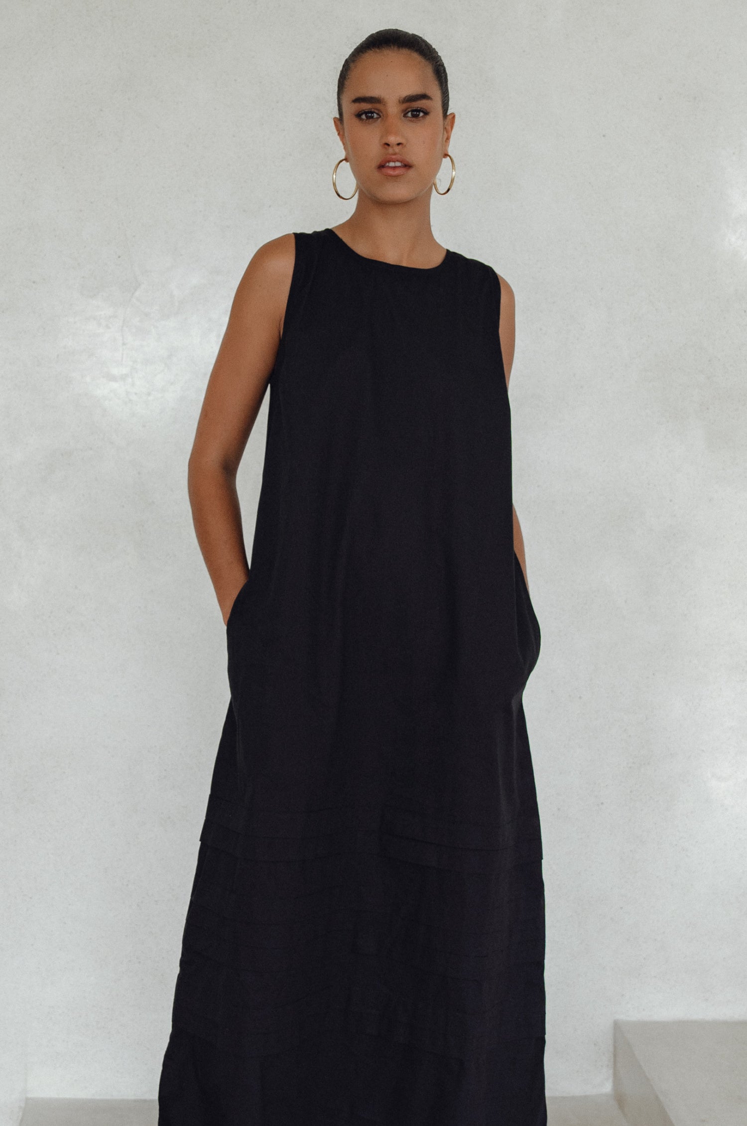 Beloved Cara Slip on Cotton Maxi Dress in breathable poplin cotton, featuring a sleeveless design and tiered hem, perfect for versatile styling.