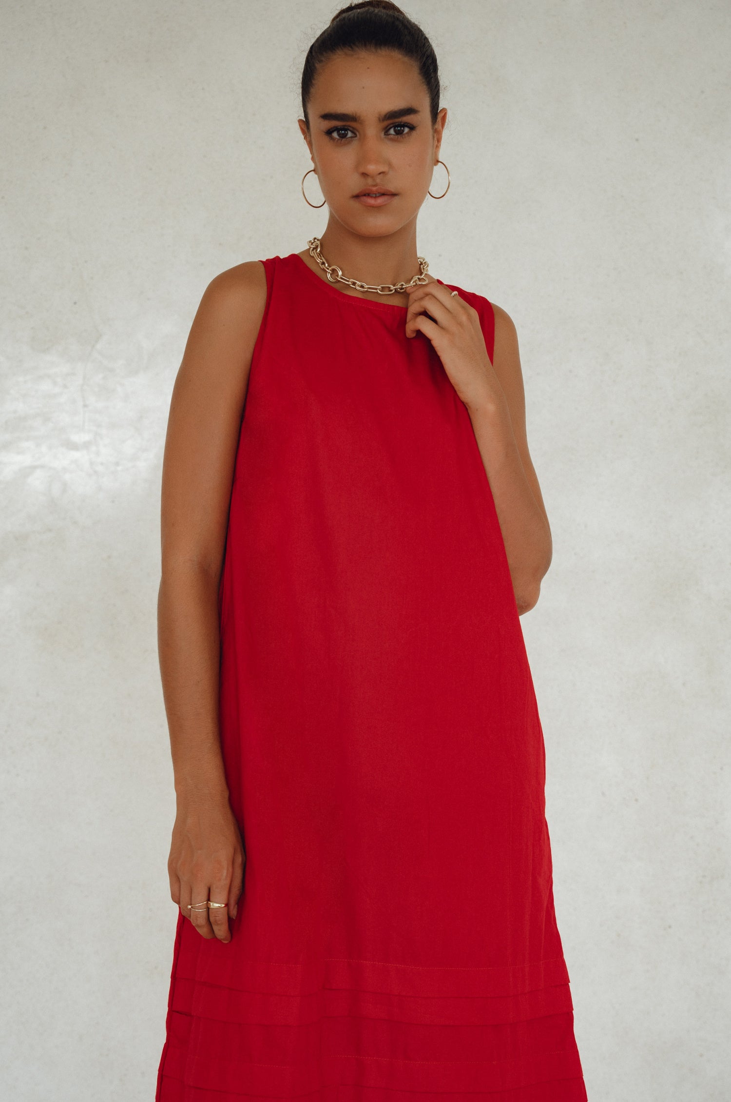 Beloved Cara Slip on Cotton Maxi Dress in breathable poplin cotton, featuring a sleeveless design and tiered hem, perfect for versatile styling.