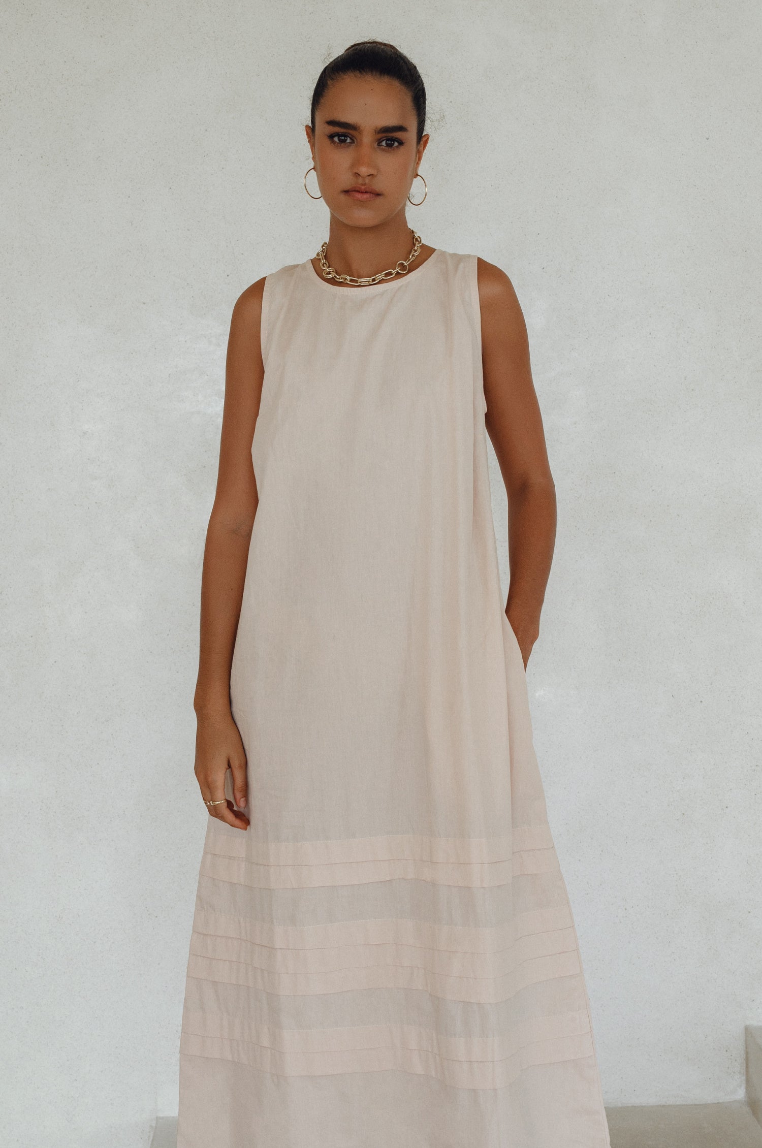 Beloved Cara Slip on Cotton Maxi Dress in breathable poplin cotton, featuring a sleeveless design and tiered hem, perfect for versatile styling.