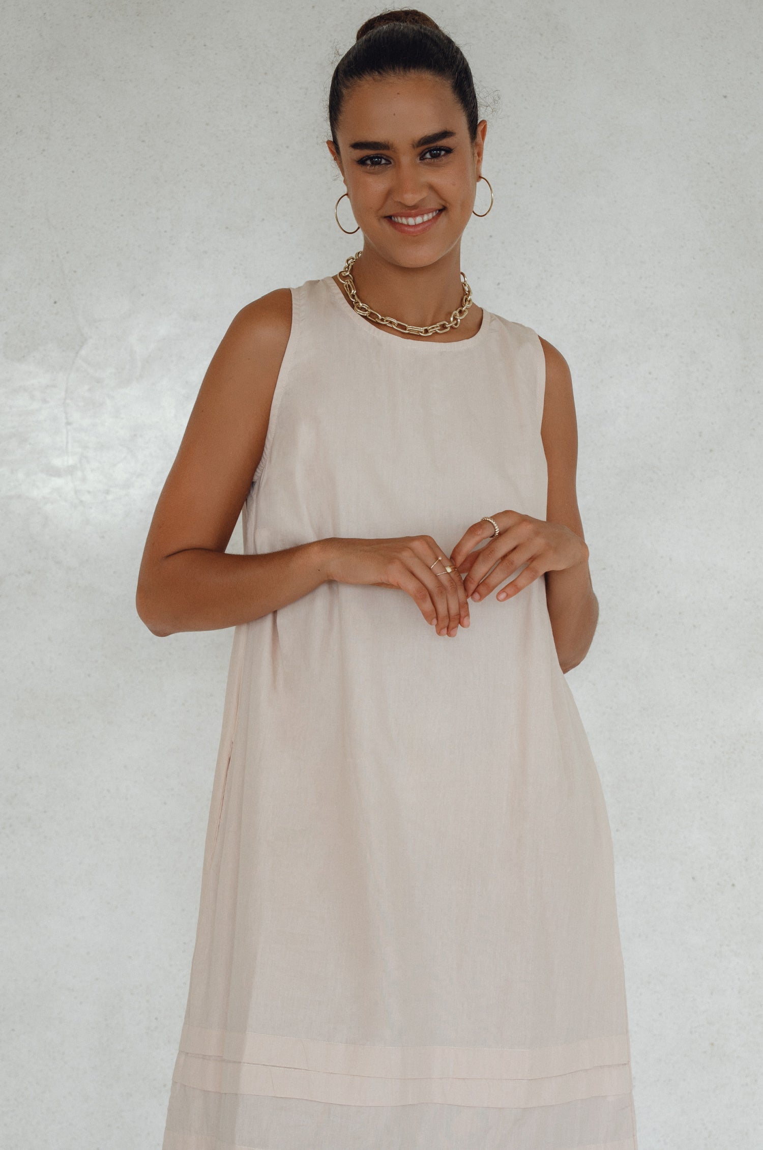 Beloved Cara Slip on Cotton Maxi Dress in breathable poplin cotton, featuring a sleeveless design and tiered hem, perfect for versatile styling.