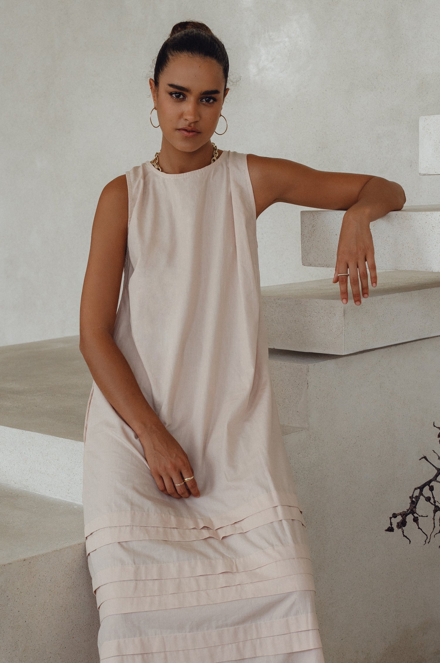 Beloved Cara Slip on Cotton Maxi Dress in breathable poplin cotton, featuring a sleeveless design and tiered hem, perfect for versatile styling.