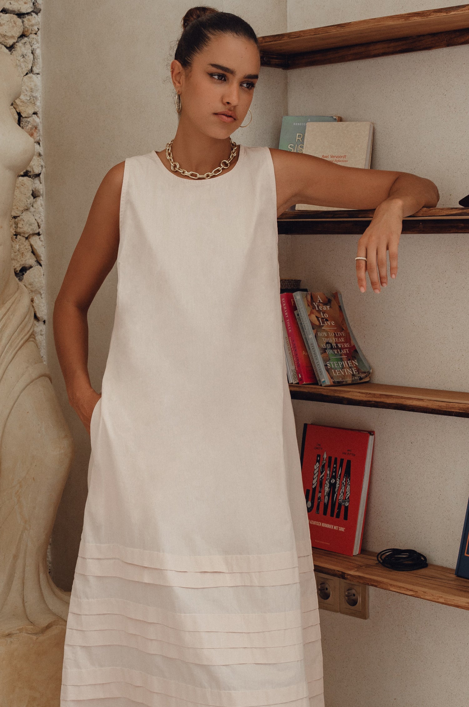 Beloved Cara Slip on Cotton Maxi Dress in breathable poplin cotton, featuring a sleeveless design and tiered hem, perfect for versatile styling.