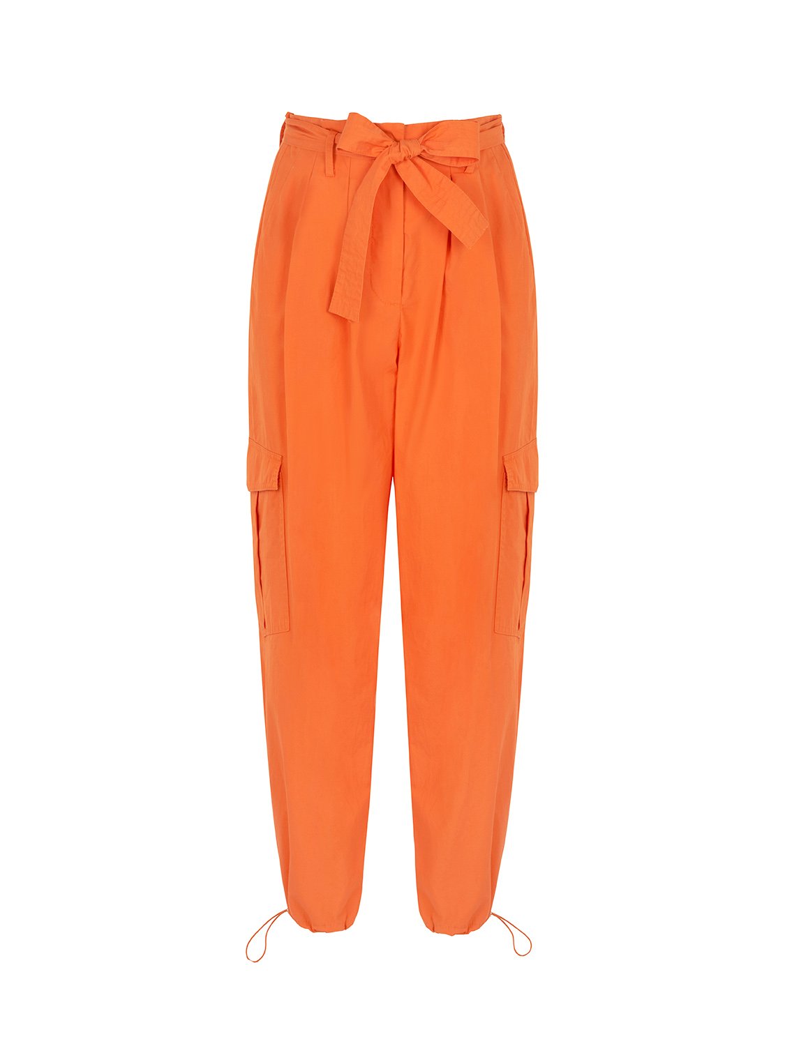 A pair of stylish belted cargo pants in vibrant orange, pink, and blue colors, featuring a high-waisted design and side flap pockets.