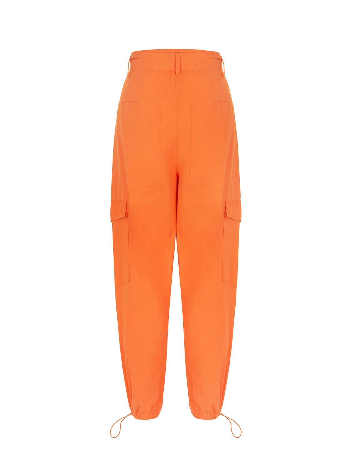 A pair of stylish belted cargo pants in vibrant orange, pink, and blue colors, featuring a high-waisted design and side flap pockets.