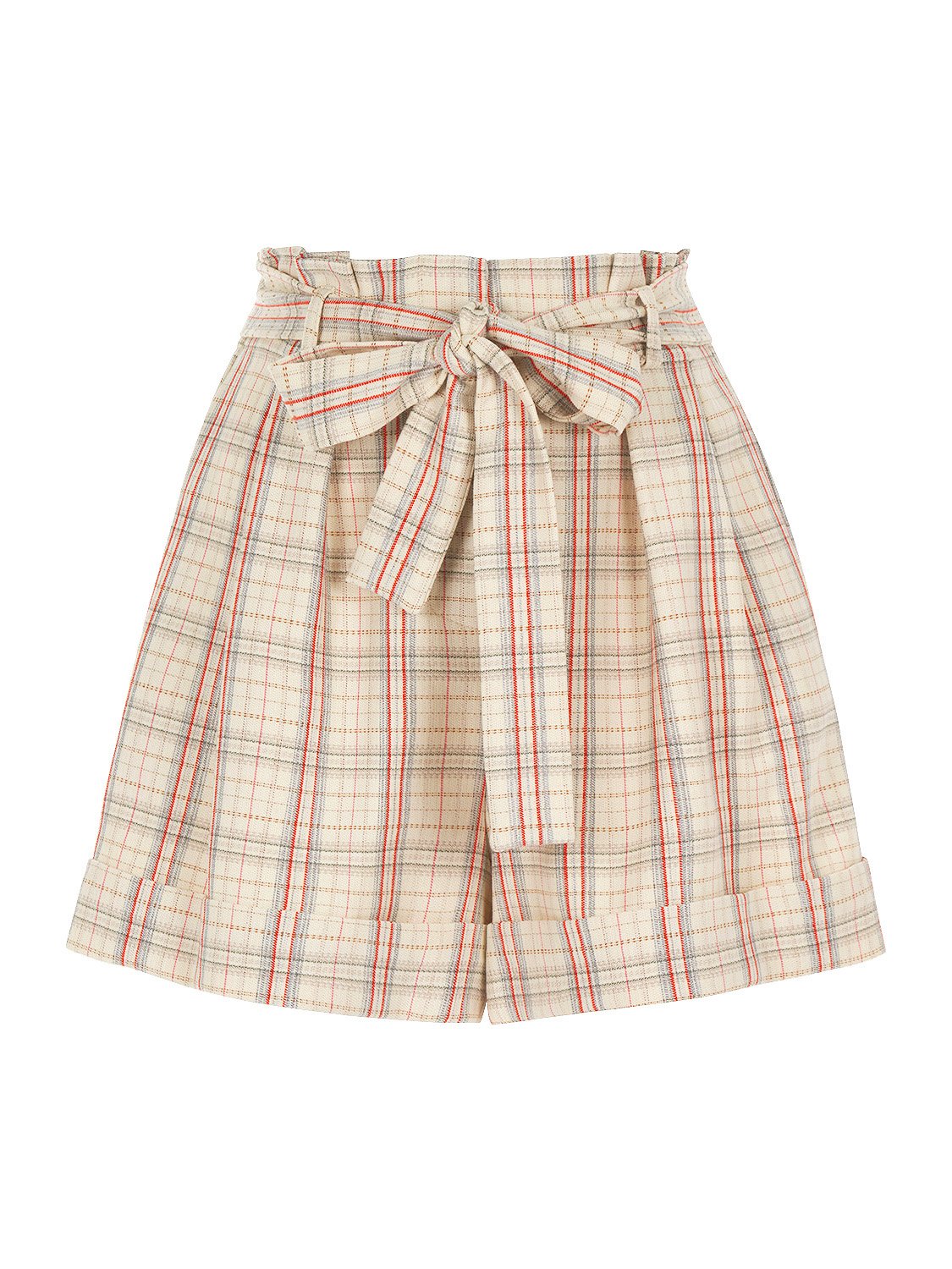 Belted plaid shorts featuring a wide fit, side pockets, and a tied self belt in vibrant colors.