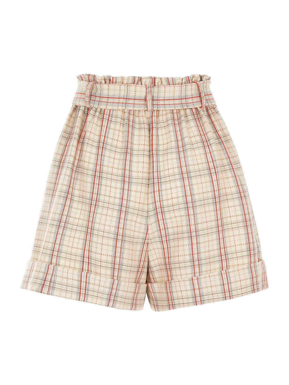 Belted plaid shorts featuring a wide fit, side pockets, and a tied self belt in vibrant colors.