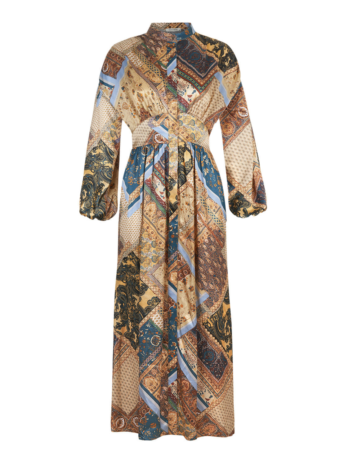 A stylish long-sleeved belted print dress in toasty brown with a Mandarin collar and side slits, perfect for winter wear.