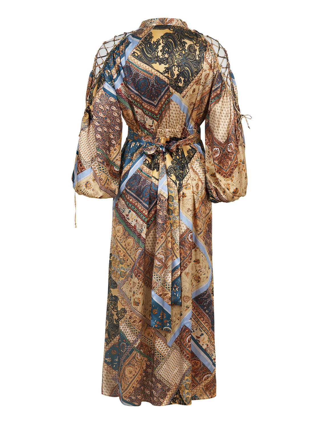 A stylish long-sleeved belted print dress in toasty brown with a Mandarin collar and side slits, perfect for winter wear.