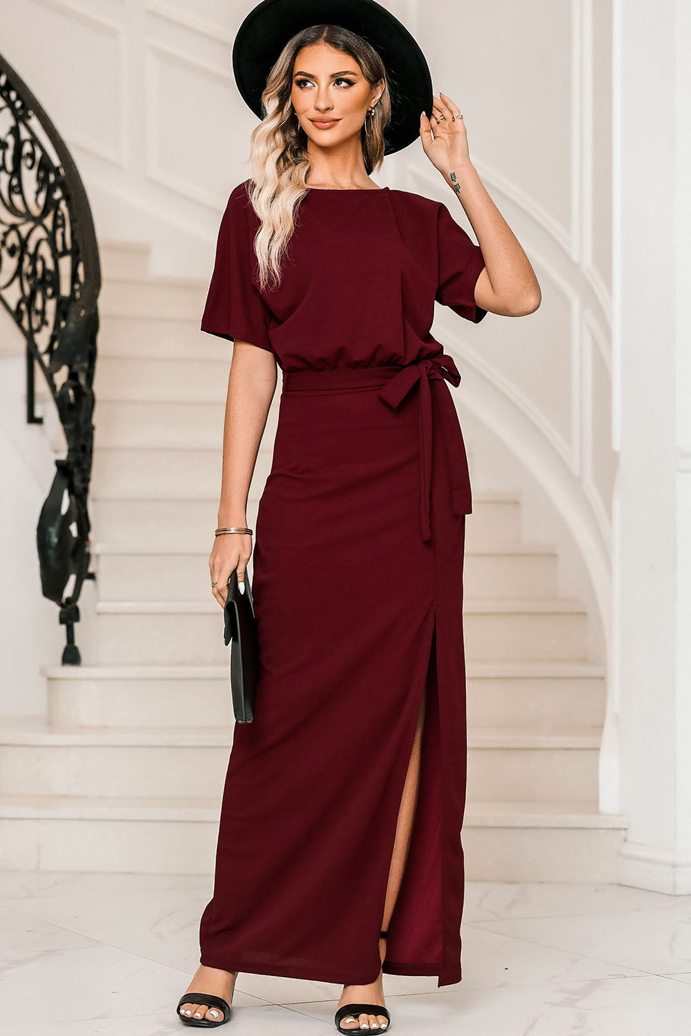 A stylish Belted Split Round Neck Dress featuring a belted waist, boat neck, and maxi length, perfect for casual and classy occasions.