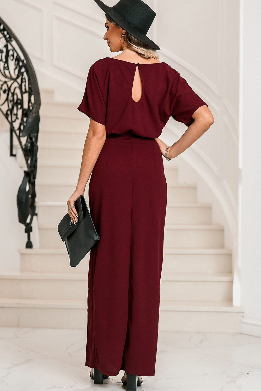 A stylish Belted Split Round Neck Dress featuring a belted waist, boat neck, and maxi length, perfect for casual and classy occasions.