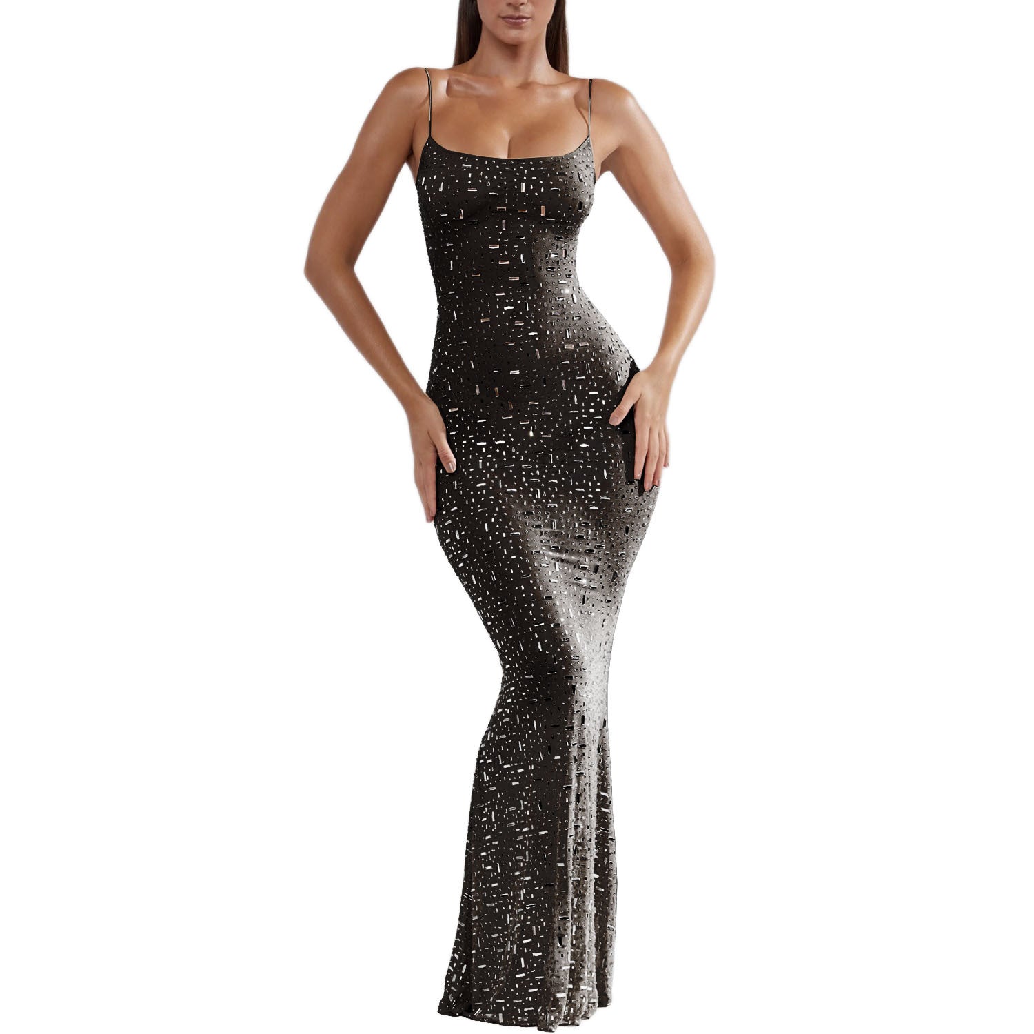 A stunning light diamond sexy sling mermaid dress featuring rhinestone embellishments and a sleeveless spaghetti strap design, perfect for formal occasions.