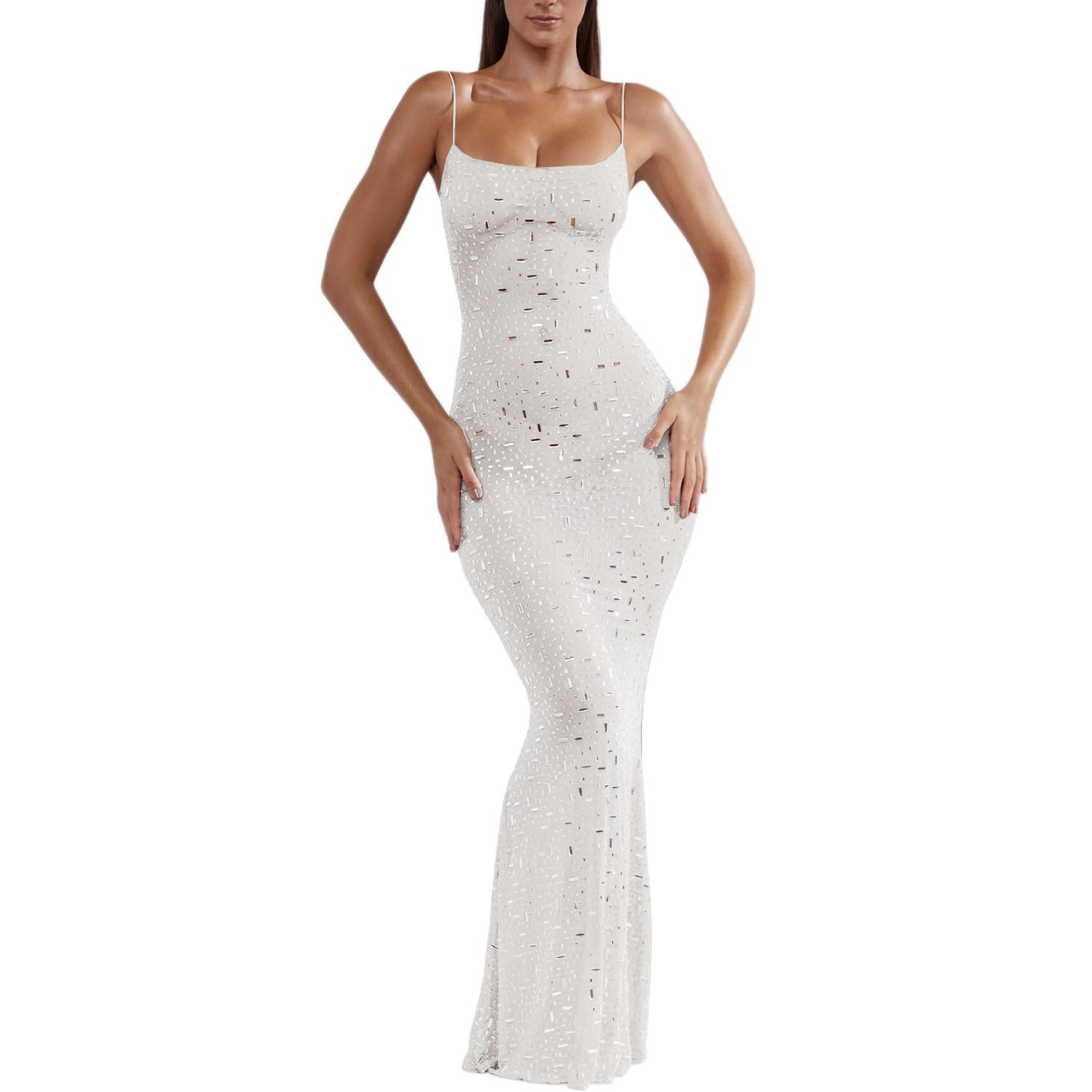 A stunning light diamond sexy sling mermaid dress featuring rhinestone embellishments and a sleeveless spaghetti strap design, perfect for formal occasions.