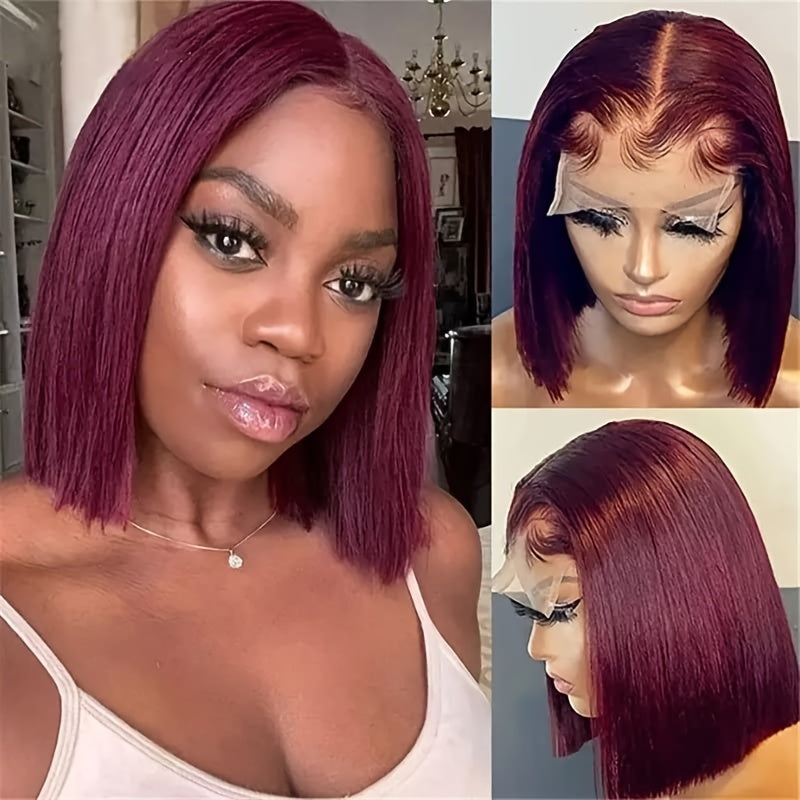 Bethany Human Hair Wig in Claret color, featuring a straight style and glueless lace front cap, perfect for women seeking volume and elegance.