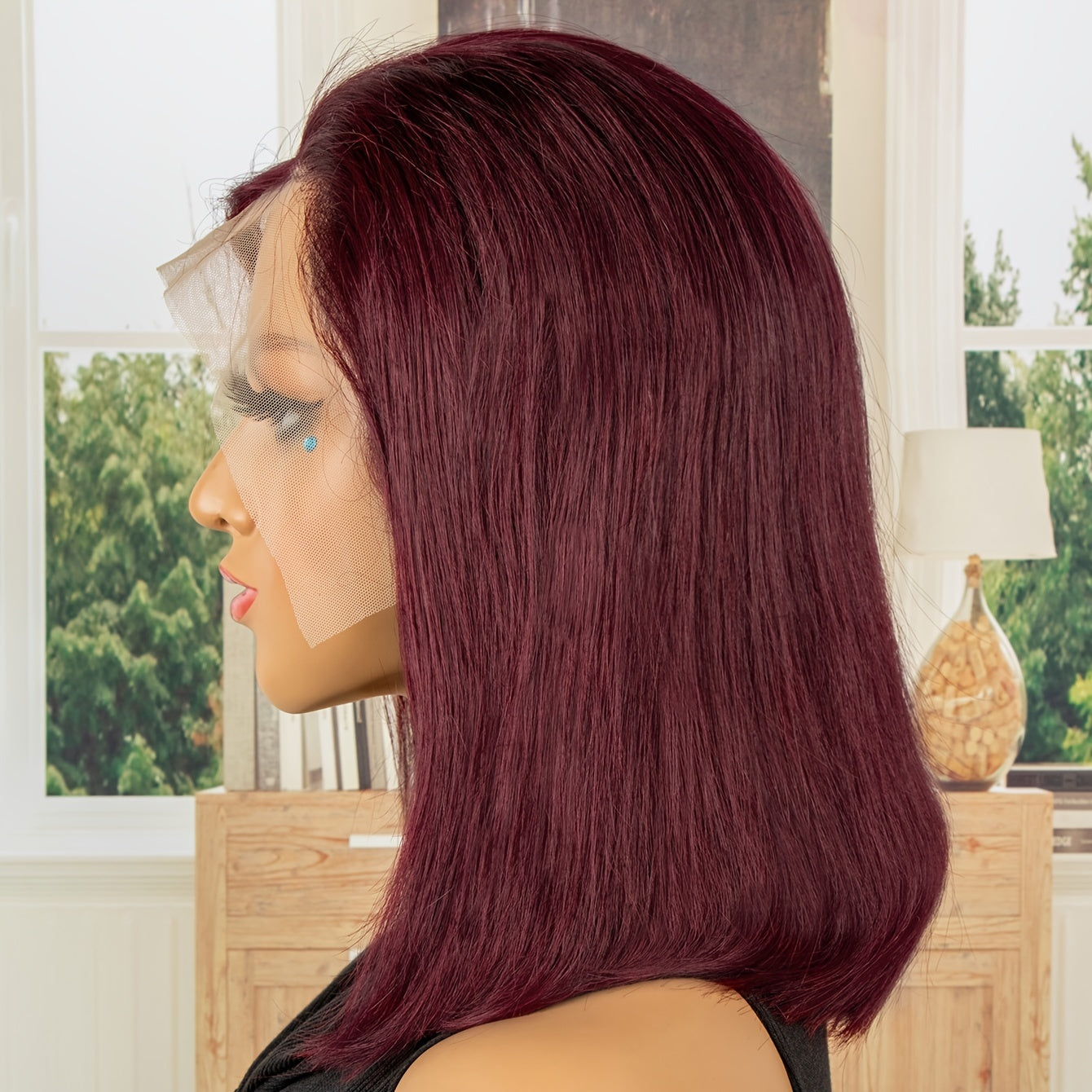 Bethany Human Hair Wig in Claret color, featuring a straight style and glueless lace front cap, perfect for women seeking volume and elegance.