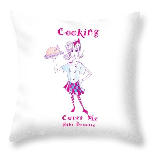 Bibi Because Cooking Cures Me throw pillow featuring vibrant design on both sides, made from durable spun polyester fabric.