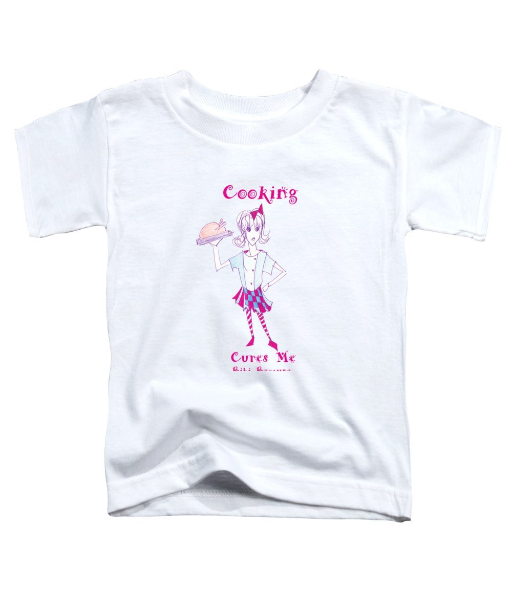 Bibi Because Cooking Cures Me toddler t-shirt in vibrant colors, made from 100% pre-shrunk cotton, featuring a fun cooking-themed design.