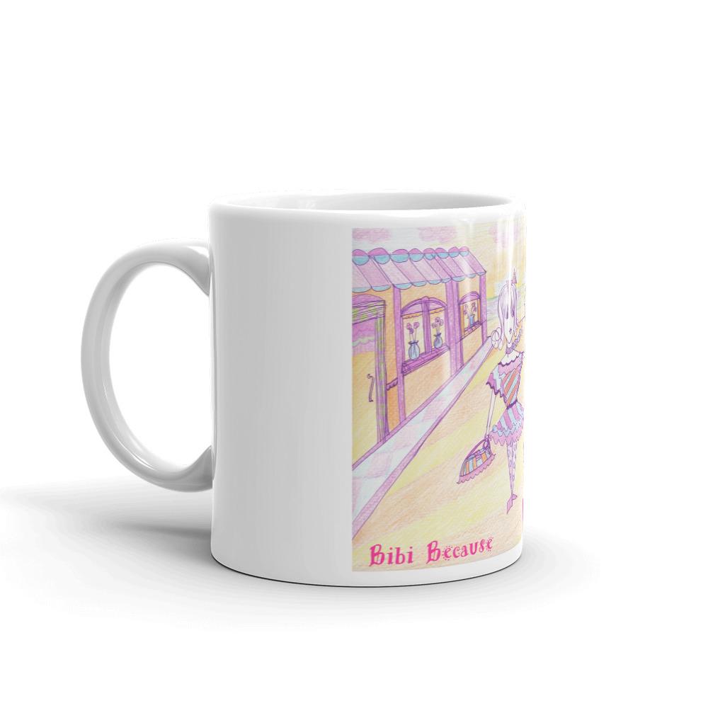 Bibi Because Shopping Cures Me Mug featuring a glossy white finish and vibrant print, perfect for coffee and tea.