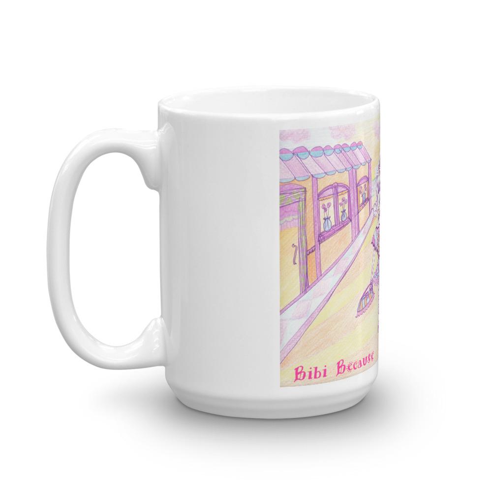 Bibi Because Shopping Cures Me Mug featuring a glossy white finish and vibrant print, perfect for coffee and tea.