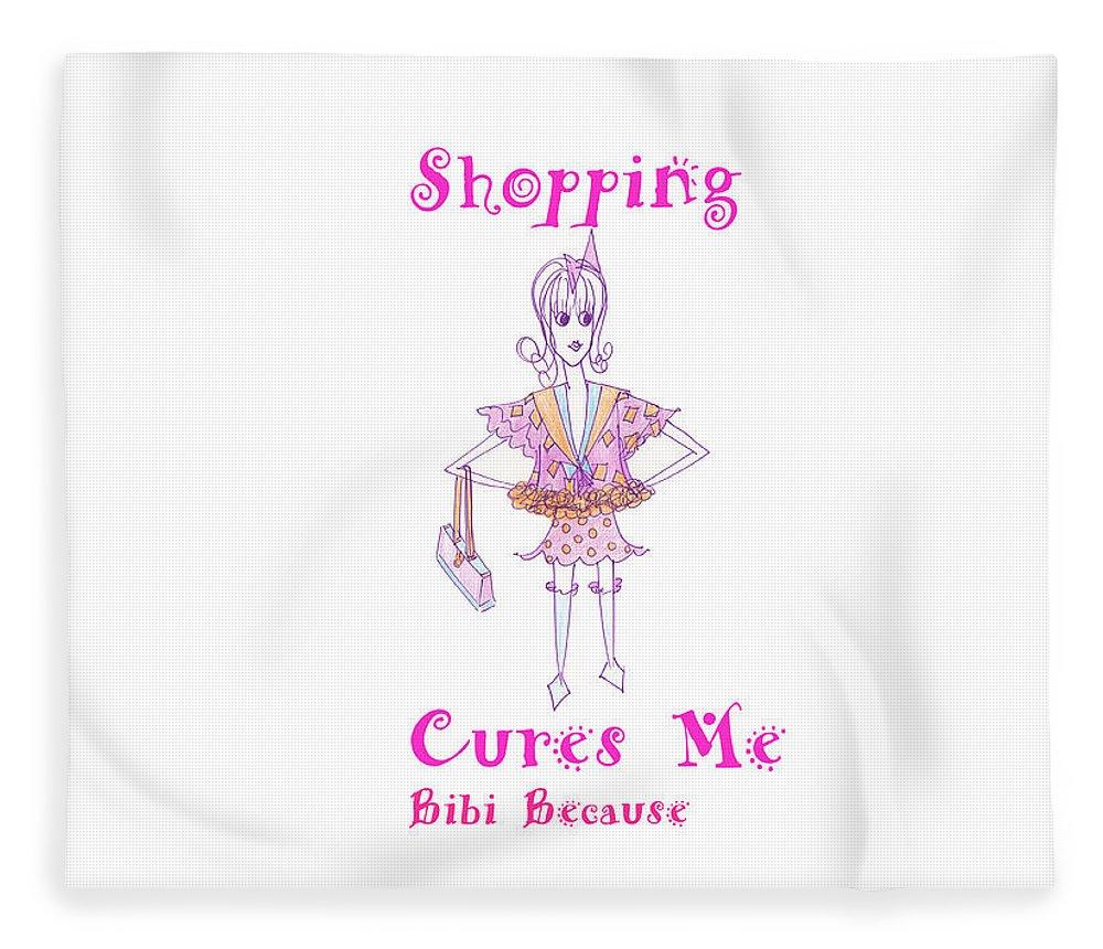 Bibi Because Shopping Cures Me blanket featuring vibrant artwork on plush fleece, showcasing its luxurious softness and cozy design.