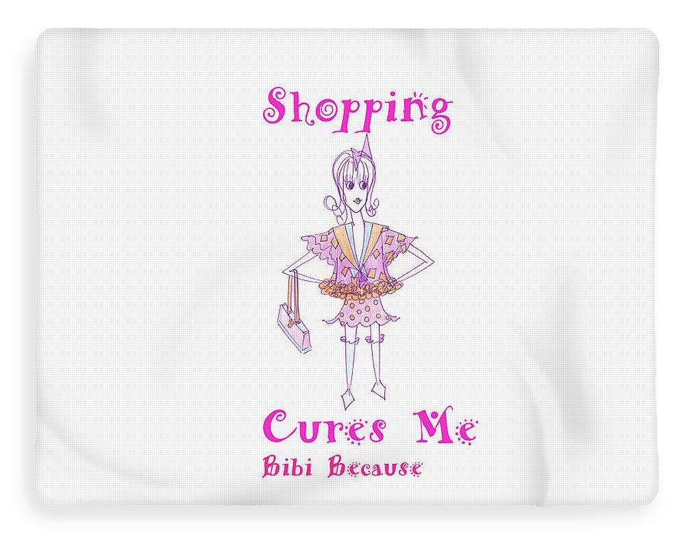 Bibi Because Shopping Cures Me blanket featuring vibrant artwork on plush fleece, showcasing its luxurious softness and cozy design.