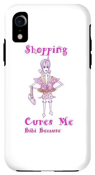 Bibi Because Shopping Cures Me iPhone 11 phone case featuring vibrant design by Sharon Tatem, impact-resistant and slim-profile.